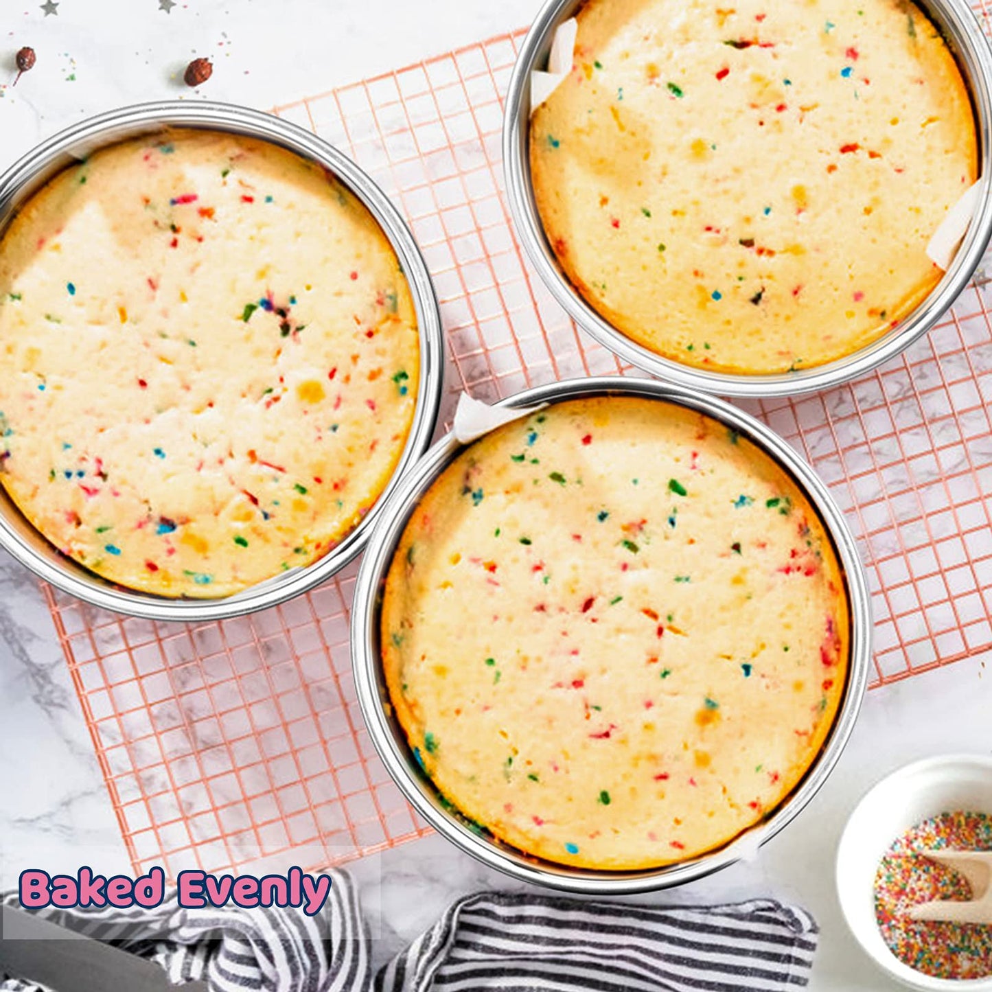 8 Inch Cake Pan Set of 3, E-far Stainless Steel Round Layer Cake Baking Pans, Non-Toxic & Healthy, Mirror Finish & Dishwasher Safe