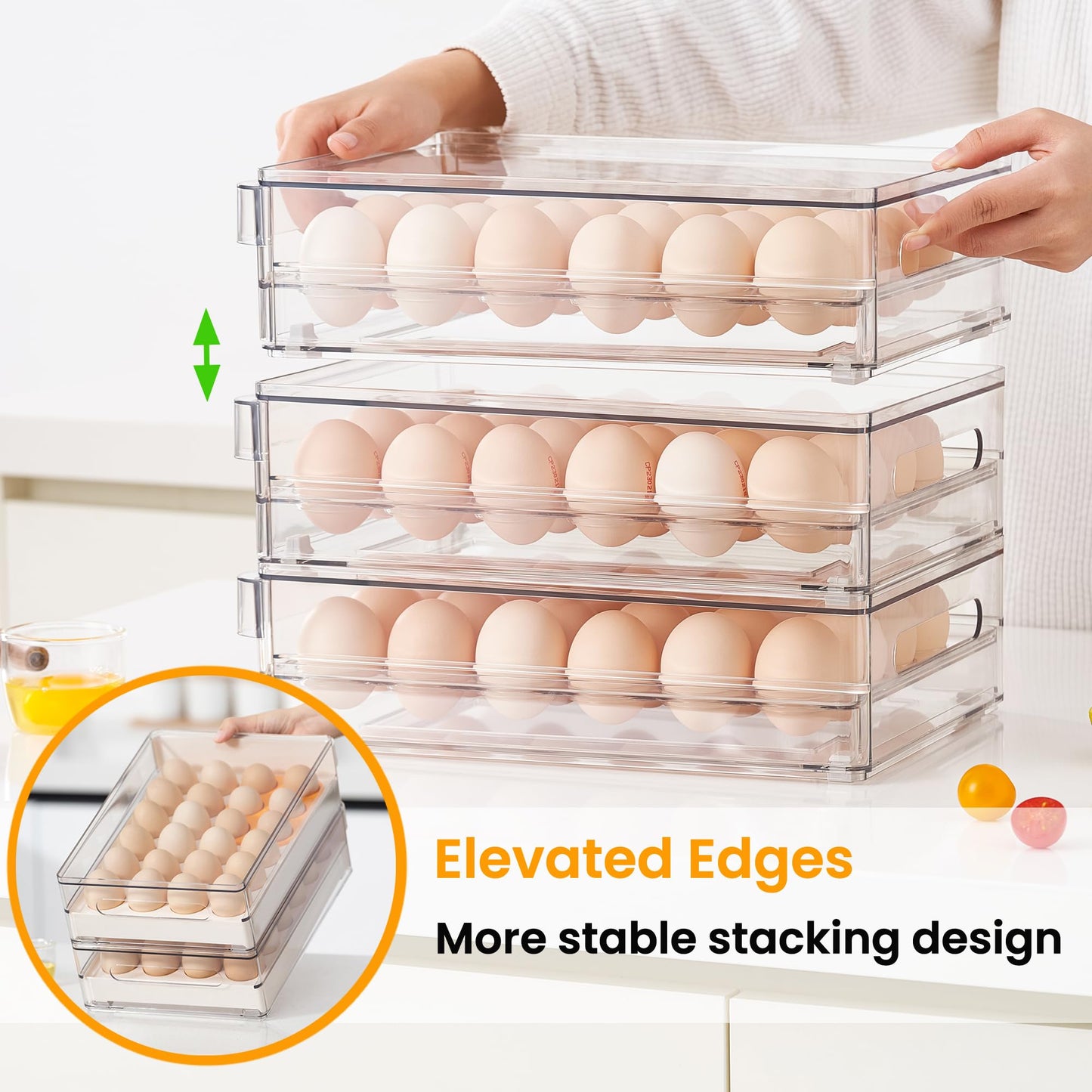 vacane 24 Egg Drawer for Fridge, Pull Out Egg Storage Container with Non-Slip Pads Refrigerator Organizer Bins Clear Egg Holder, Egg Tray-Bpa Free Egg Organizer