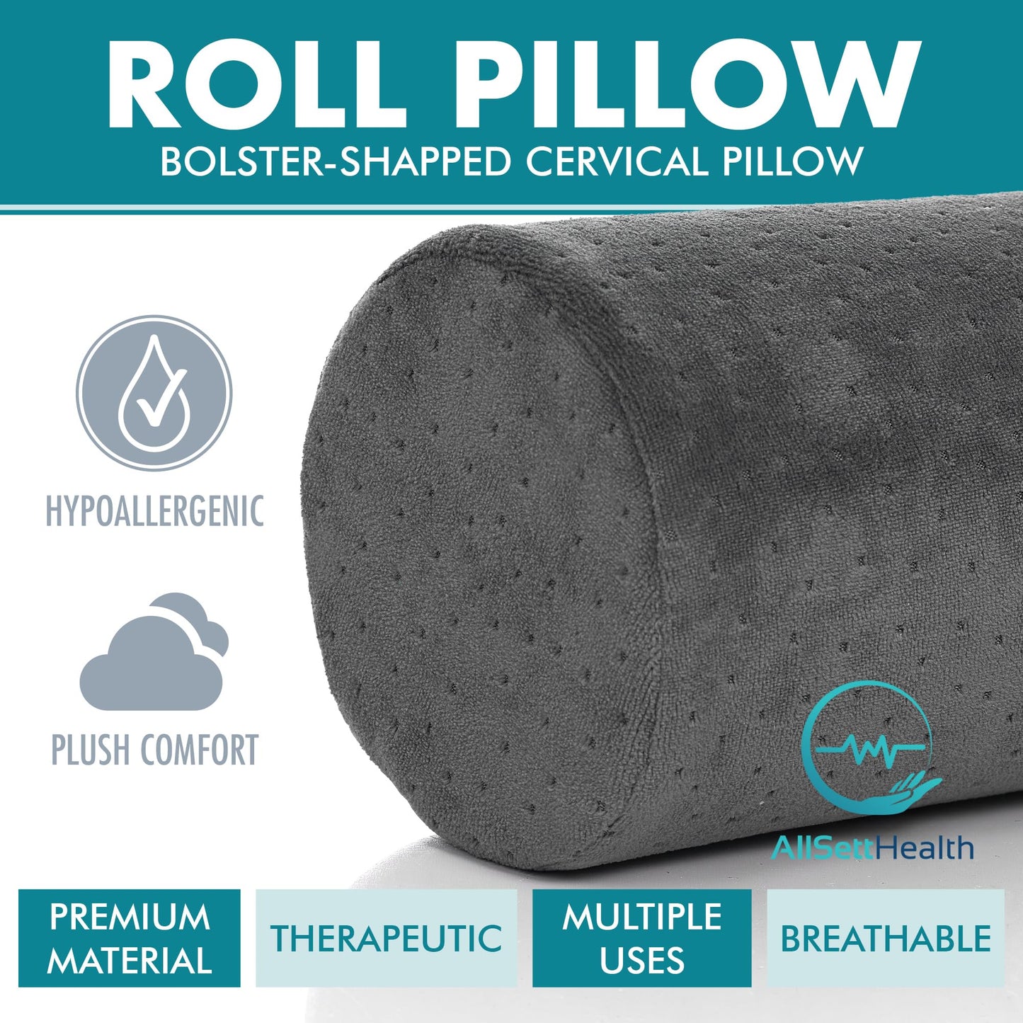 All Sett Health Bamboo Gray Round Cervical Roll Cylinder Bolster Pillow with Removable Washable Cover Ergonomically Designed for Head Neck Back and Legs || Ideal for Spine and Neck Support During Sleep