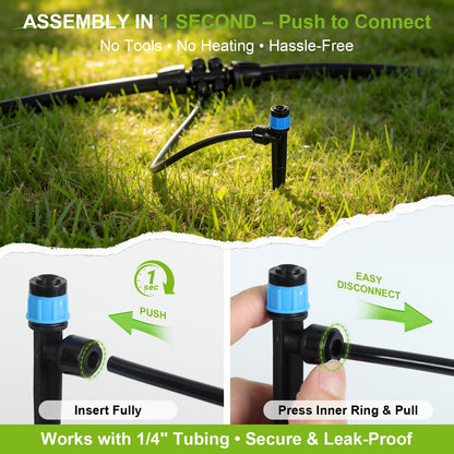 100FT Quick-Connect Drip Irrigation Kit, Automatic Garden Watering System with 1/2" & 1/4", 3 Adjustable Sprayers (Vortex, Stream, Mist), Barbed Tees for Raised Beds, Greenhouse, Patio, Potted Plants