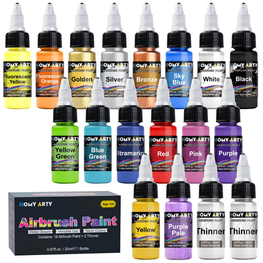 Airbrush Paint - 16 Colors with 2 Thinner, Ready to Spray Airbrush Paint Set, Water-Based Acrylic Air brush Paints for Metal, Plastic Models, Canvas, Wood, 20ml/Bottle