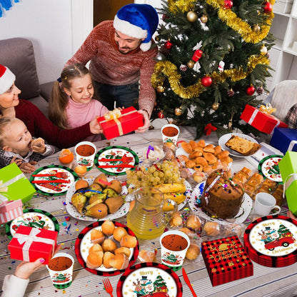144PCS Christmas Paper Plates and Napkins Party Supplies Christmas Party Decorations Christmas Party Supplies Xmas Tableware Set Santa Claus Christmas Tree Plates Napkins Cups Forks Knives Serve 24