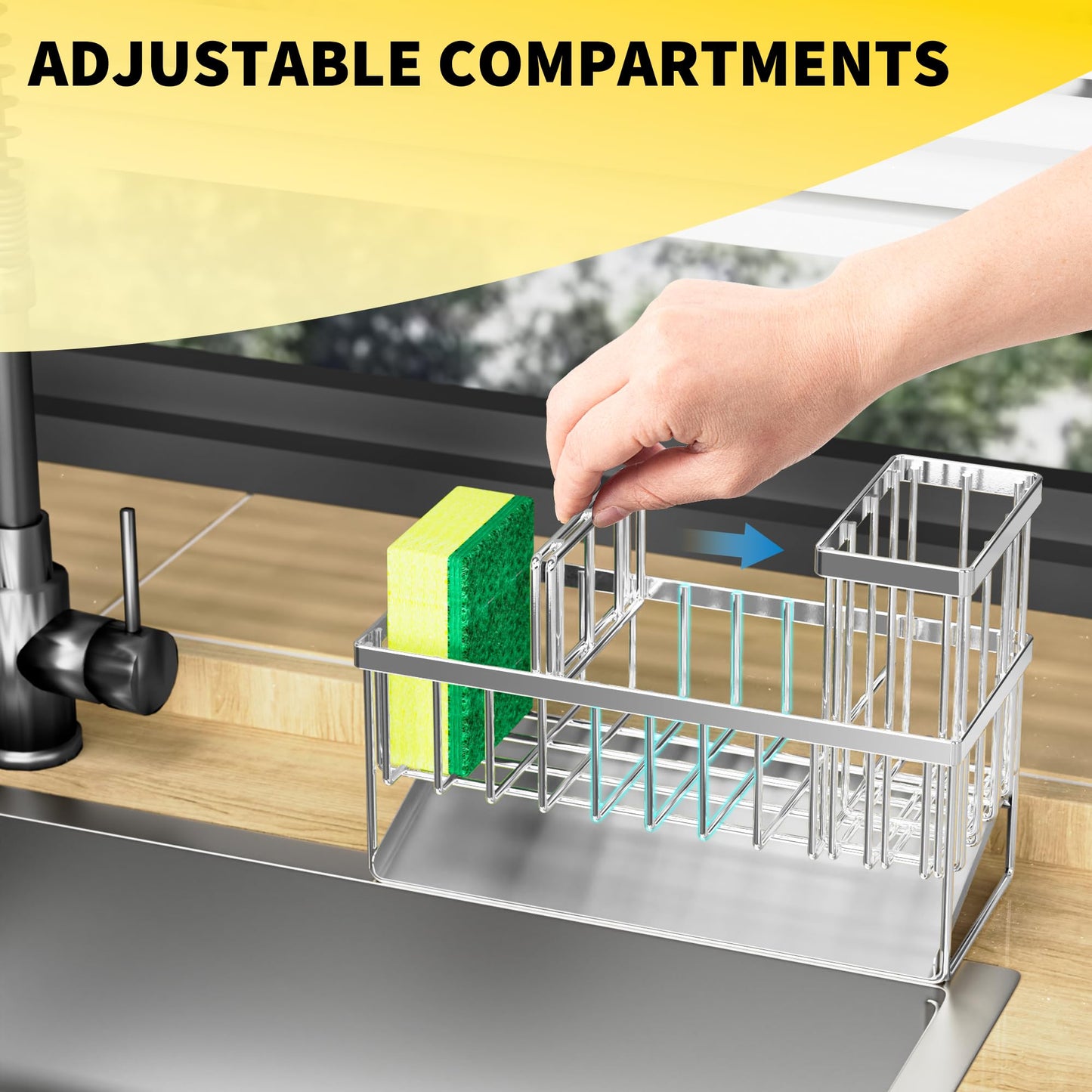 Cisily Kitchen Sink Caddy, Sponge Holder for Kitchen Sink, Kitchen Sink Organzier and Storage with High Brush Holder, Rustproof 304 Stainless Kitchen Gadgets Sink Accessories(Stainless Steel)