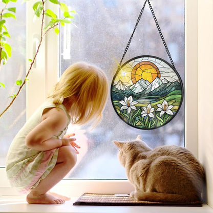 Bimkole Sun Mountain Stained Glass Suncatcher Window Hanging - Flowers Indoor Window or Doorway Decoration - Handmade Sun Catcher Decor for Garden Home Christmas & Birthday Gifts 7.87x7.87 Inch