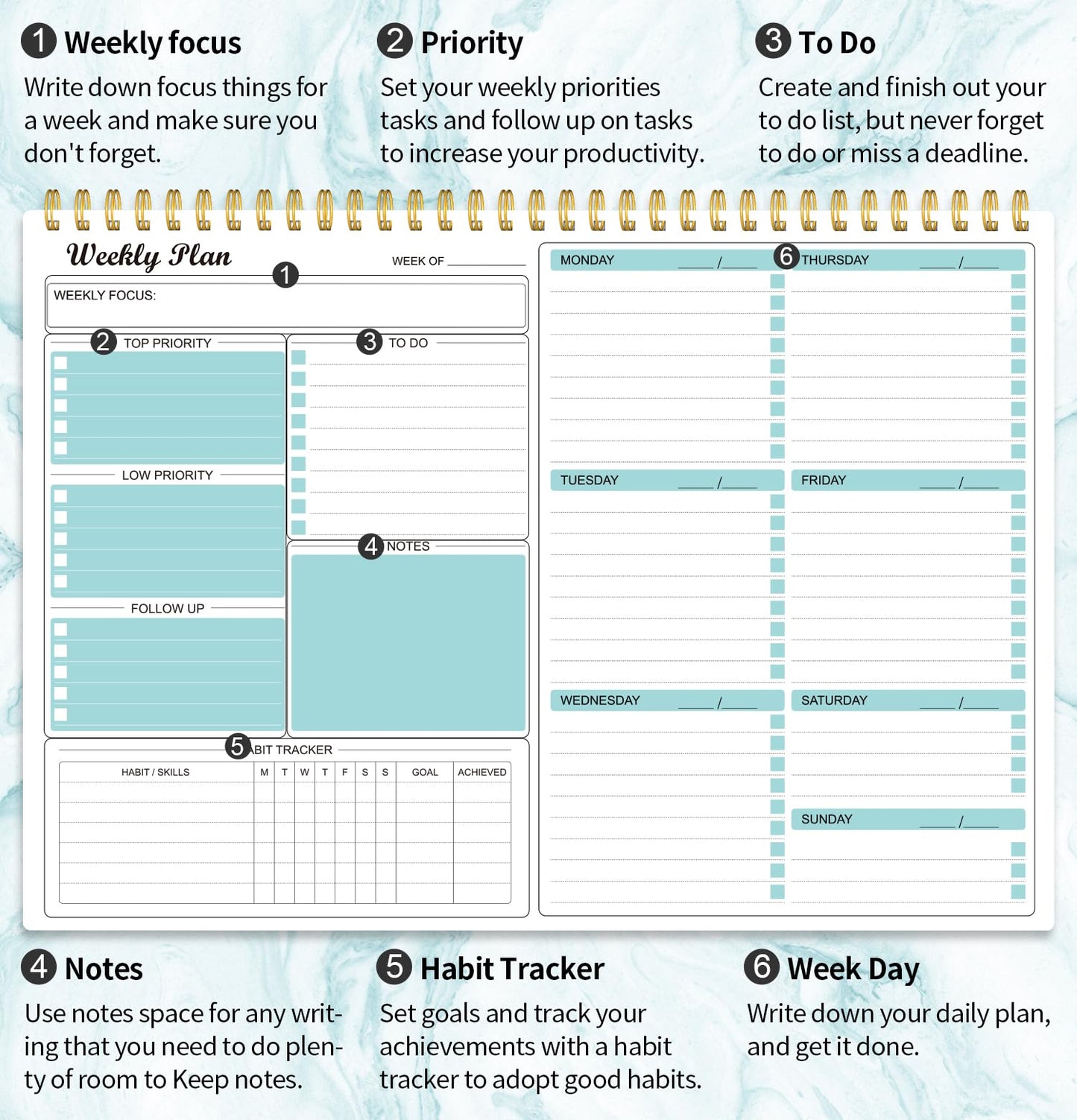 Weekly Planner Notepad Undated Weekly Goals Schedule Planner To Do List Notebook Planning Pad Calendars Organizers Habit Tracker Journal for Men & Women,52 sheets (8.5x12")