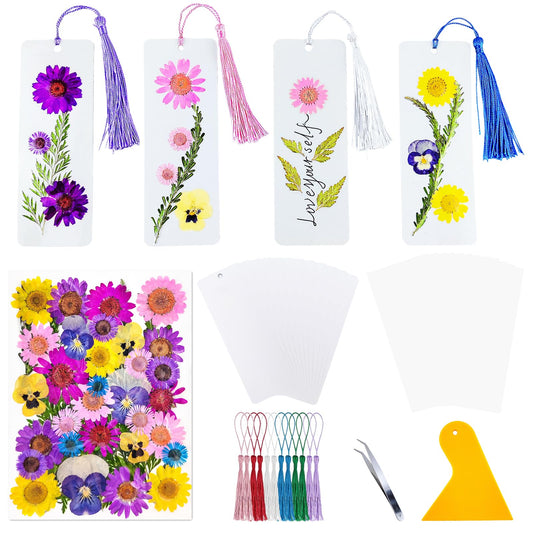 Cardstock Blank Bookmarks Set, 12 Pcs DIY White Craft Bookmarks for Pressed Flowers, Dried Floral Book mark Making Kit with 43 Pcs Pressed Flowers, 12 Pcs Tassels, DIY Book marks for Dried Floral