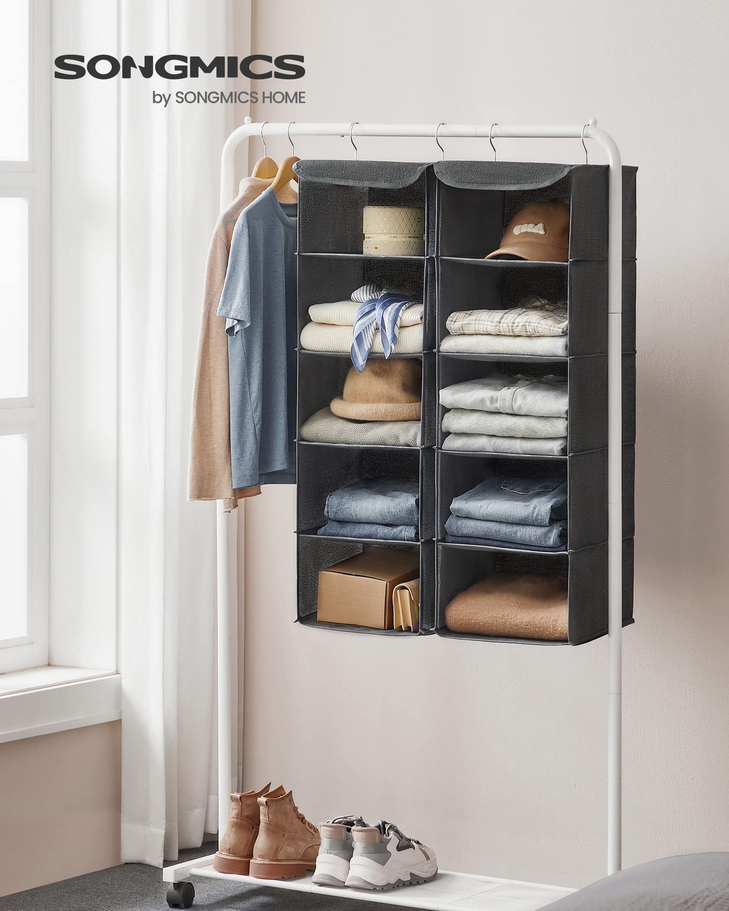 SONGMICS Hanging Closet Organizer, Set of 2, Hanging Storage Shelves, Space-Saving and Foldable, Metal Hooks and Bamboo Inserts, Gray