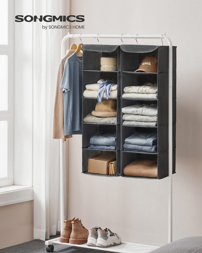 SONGMICS Hanging Closet Organizer, Set of 2, Hanging Storage Shelves, Space-Saving and Foldable, Metal Hooks and Bamboo Inserts, Gray