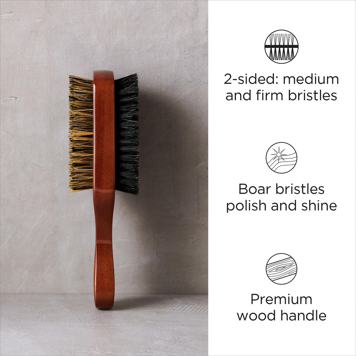 Diane Premium Boar Bristle Brush for Men € Double Sided, Medium and Firm Bristles for Thick Coarse Hair € Use for Smoothing, Wave Styles, Soft on Scalp, Club Handle, D8115