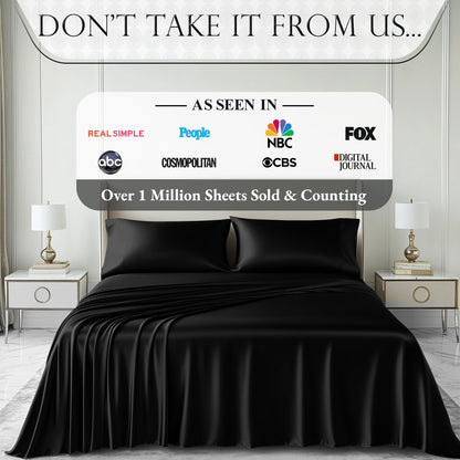 DECOLURE Satin Bed Sheets - 4 Piece Luxury Silky King Size Bedding Set - Softer Than Silk, Wrinkle-Free with 15” Deep Pocket Fitted Sheet, Perfect for Hair & Skin, Gifts for Women (Black)