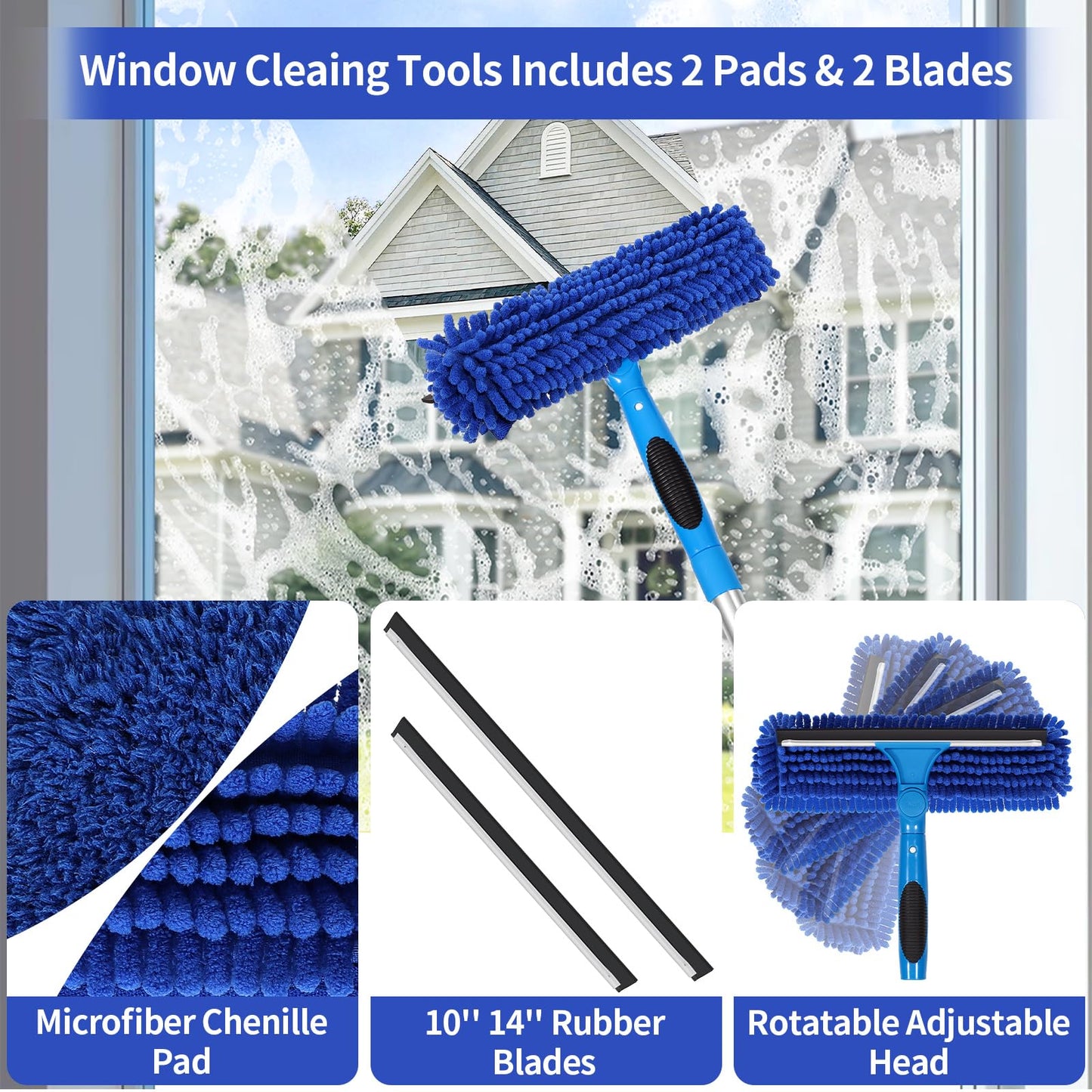 TIMIVO 109" Window Cleaning Squeegee Kit, Professional 2 in 1 Squeegee Window Cleaner with Extension Pole, Window Washing Kit with 2 Blade 2 Pads for Indoor & Outdoor High Windows Car Glass