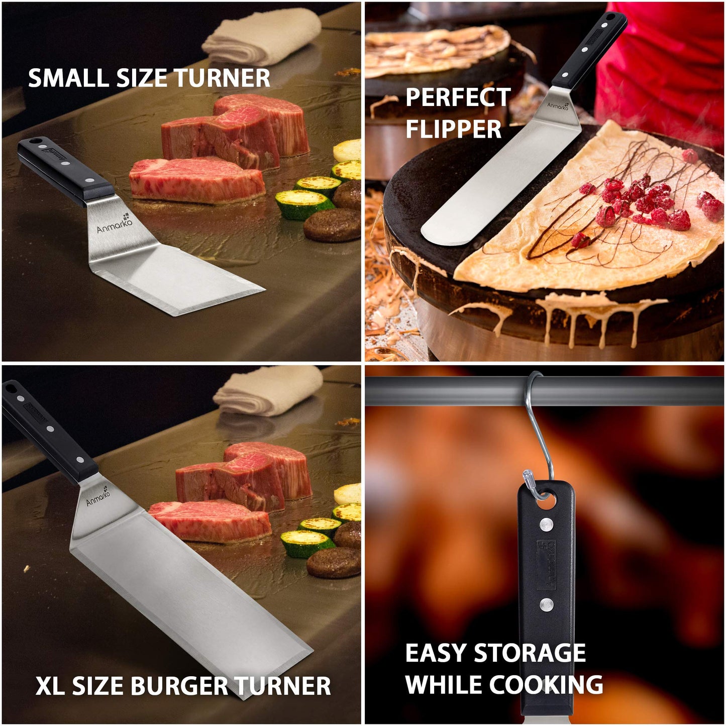 Anmarko Stainless Steel Griddle Spatula Set - Heavy Duty & Sturdy - 3 Piece Set - Dishwasher Safe