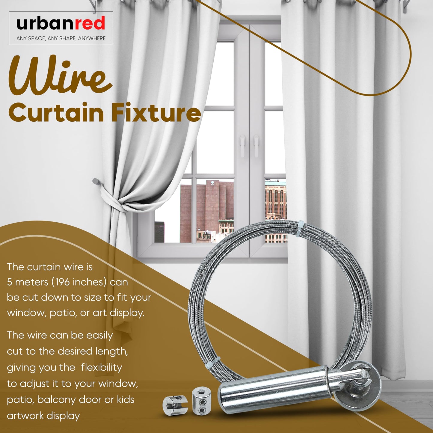 UrbanRed 16.4 FT (5m) Adjustable Indoor Outdoor Wire Curtain Rod Room Divider Hanging System with 24 Clips Wire Hanging System, Clothesline Clothes Hanger Kids Craft Art Decoration on Walls