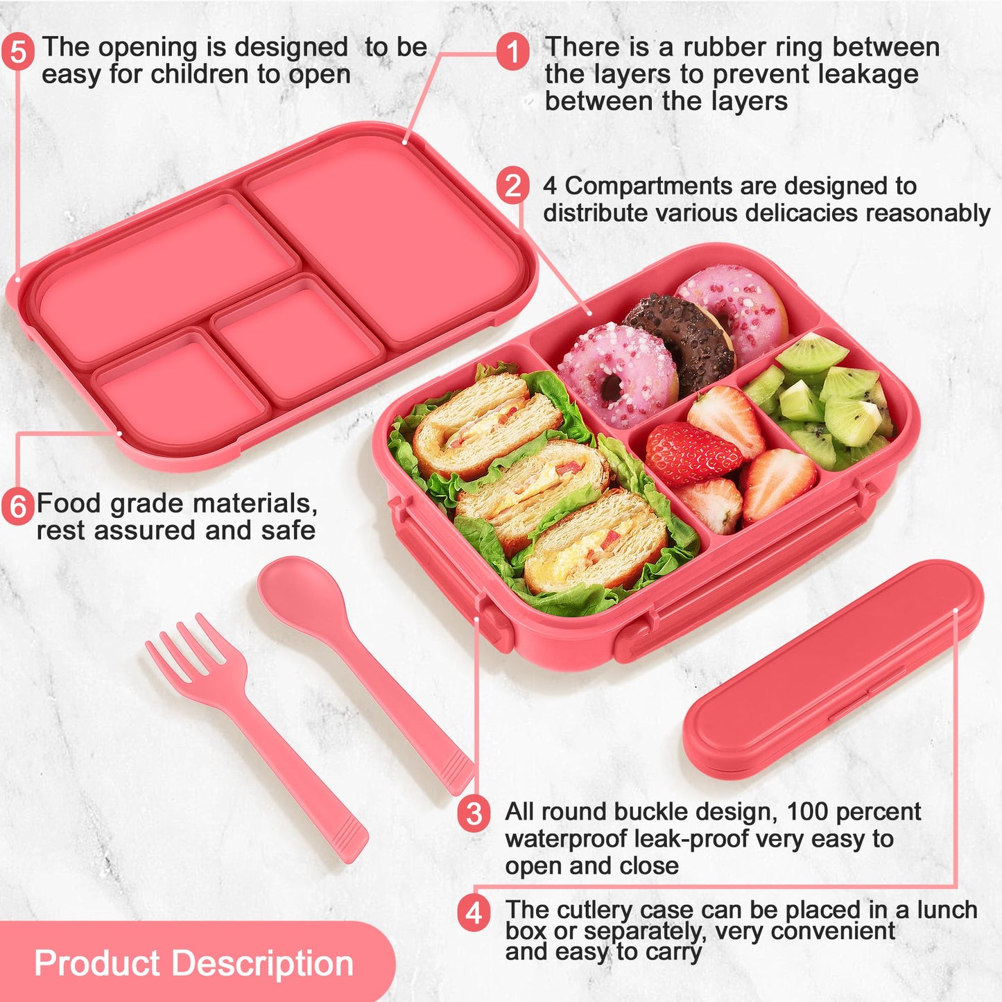 Amathley Lunch Box Kids,Bento Box Adult Lunch Box,Leakproof Lunch Containers for Adults/Kids/Toddler,1200ML-4 Compartments bento Lunch Box with Utensil,Microwave & Dishwasher Safe (Pink Berry)