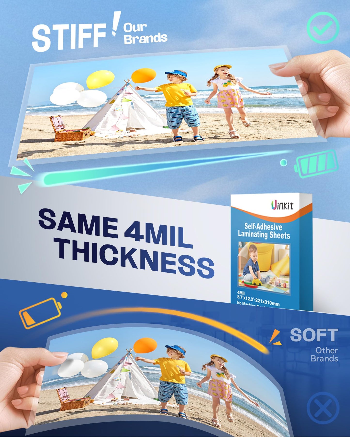 Uinkit Self-Adhesive Laminating Sheets, 4Mil 60 PCS 8.7 x 12.2 Inches Clear Self Sealing Laminating Sheets, Suitable for 8.5x11 inches Letter Size, No Machine Needed (8.7x12.2”-4Mil-60Sheets)
