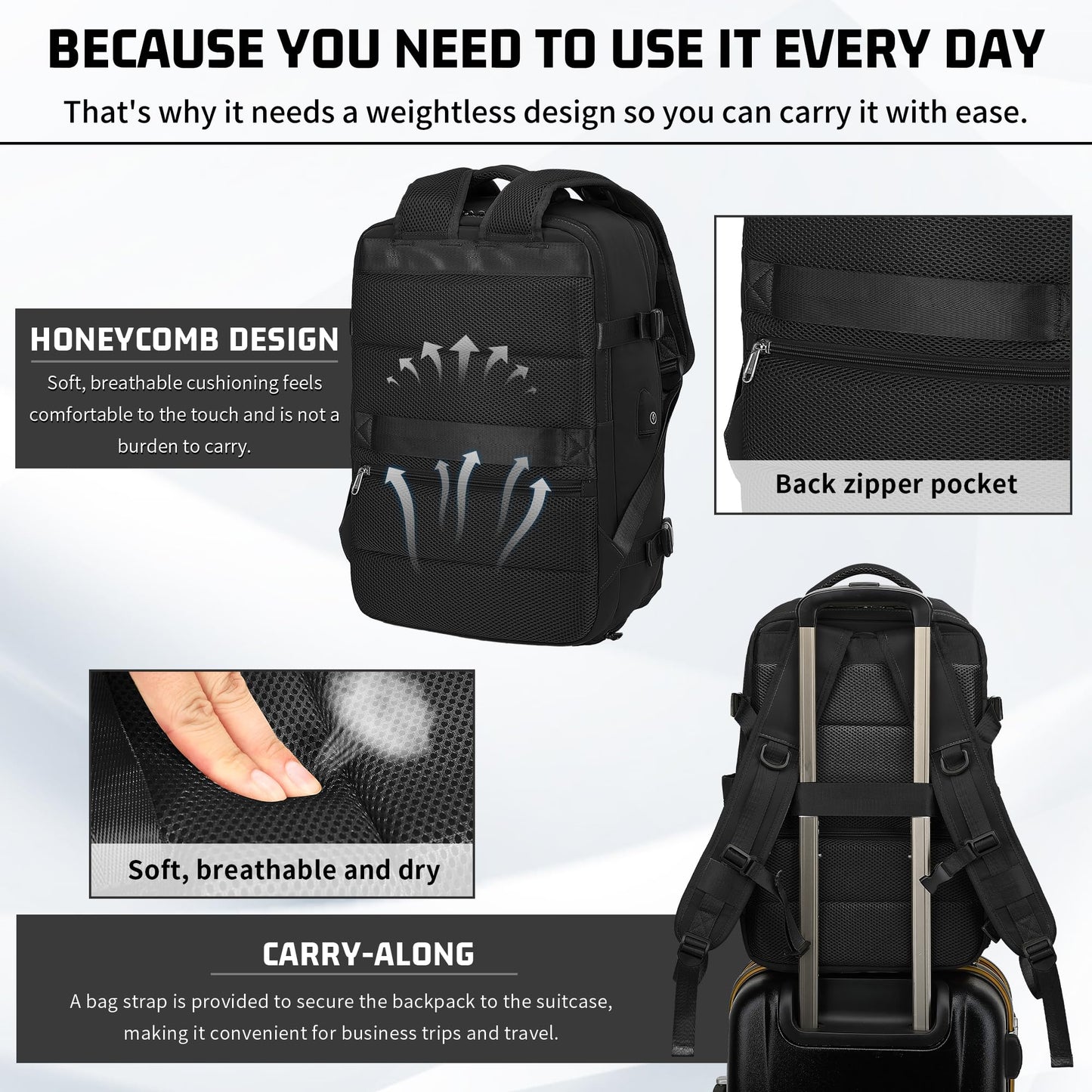Carry on Backpack for Women Men, Travel Backpack with Shoe Compartment & Wet Pocket, College Business Laptops Backpack with USB Charging Port Waterproof Casual Daypack Luggage for Sports Travel, Black