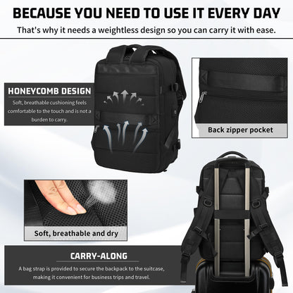 Carry on Backpack for Women Men, Travel Backpack with Shoe Compartment & Wet Pocket, College Business Laptops Backpack with USB Charging Port Waterproof Casual Daypack Luggage for Sports Travel, Black
