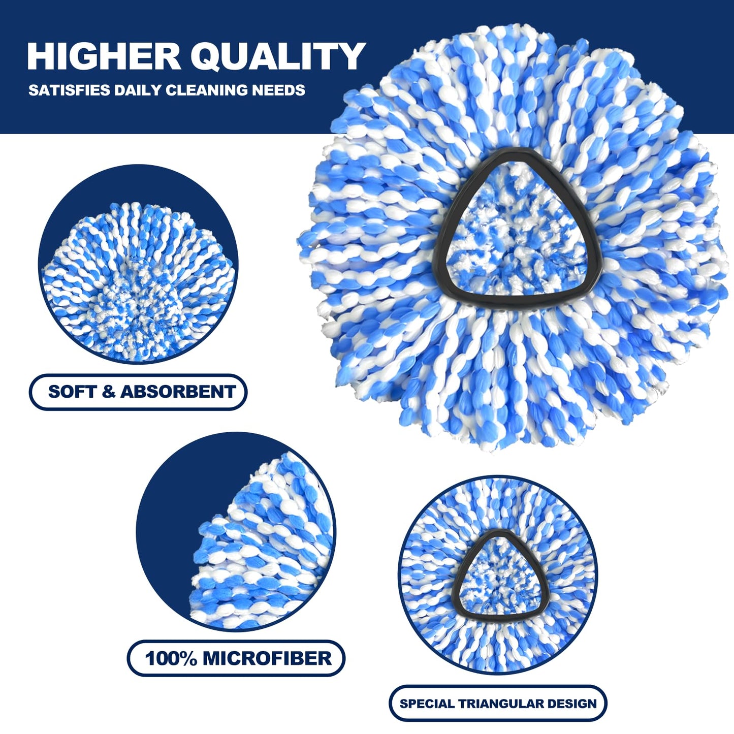 Spin Mop Head Refill, 6Pcs Rotating Triangle Mop Head, Microfiber, Machine Washable