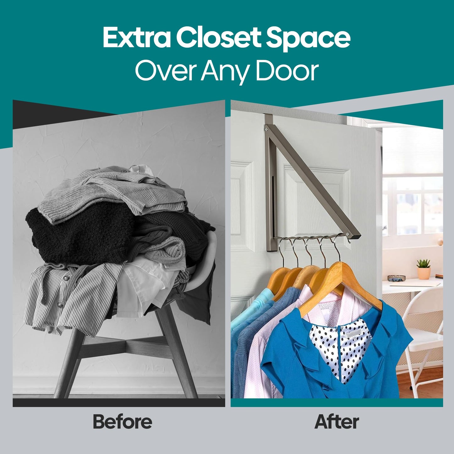 Over The Door Hanger - Closet Hanger Retractable Collapsible Folding Hanging Rack Organizer for Clothes & Towels Ideal for Bathrooms, Dorm Rooms Etc. - Satin Nickel (Includes one Hook)