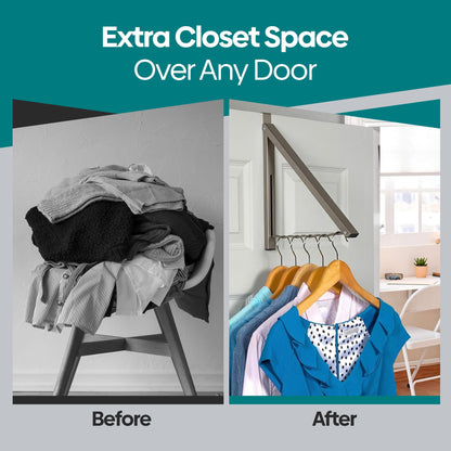 Over The Door Hanger - Closet Hanger Retractable Collapsible Folding Hanging Rack Organizer for Clothes & Towels Ideal for Bathrooms, Dorm Rooms Etc. - Satin Nickel (Includes one Hook)