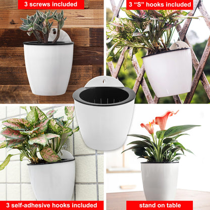3 Pack Hanging Planter Pots Self Watering Vertical Garden Wall Mount Window Hang Round Plastic Container Indoor Outdoor for Plants Flowers Succulent Kitchen Living Herbs Holder Decor Decoration White