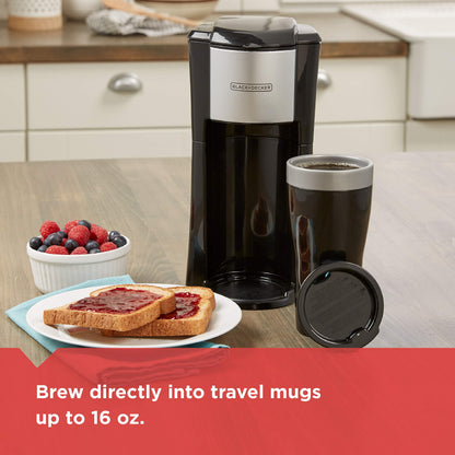 BLACK+DECKER Single Serve Coffee Maker, Includes One Dishwasher Safe Travel Mug (16oz), CM618C Black