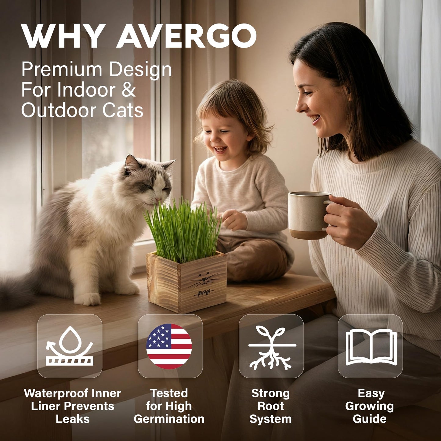 Cat Grass Kit for Indoor Cats – x2 Seed Packets | Cat Grass Seeds with Wooden Planter & Soil – Pet Wheatgrass Grass