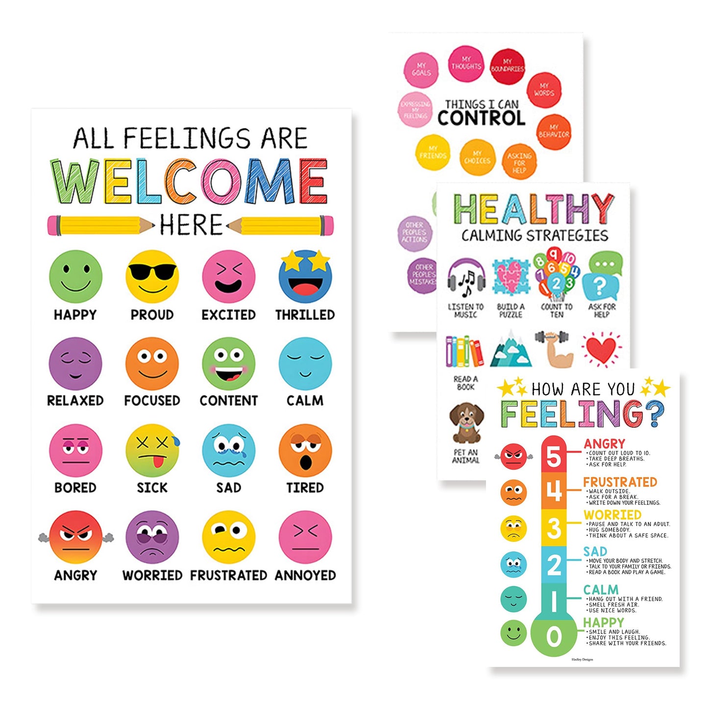 4Pcs Feelings Chart Classroom Posters, 11X17inch Calm Down Corner Wall Art, Inspirational Classroom Posters for Bulletin Board Classroom Décor School Preschool Mental Health Therapy Office