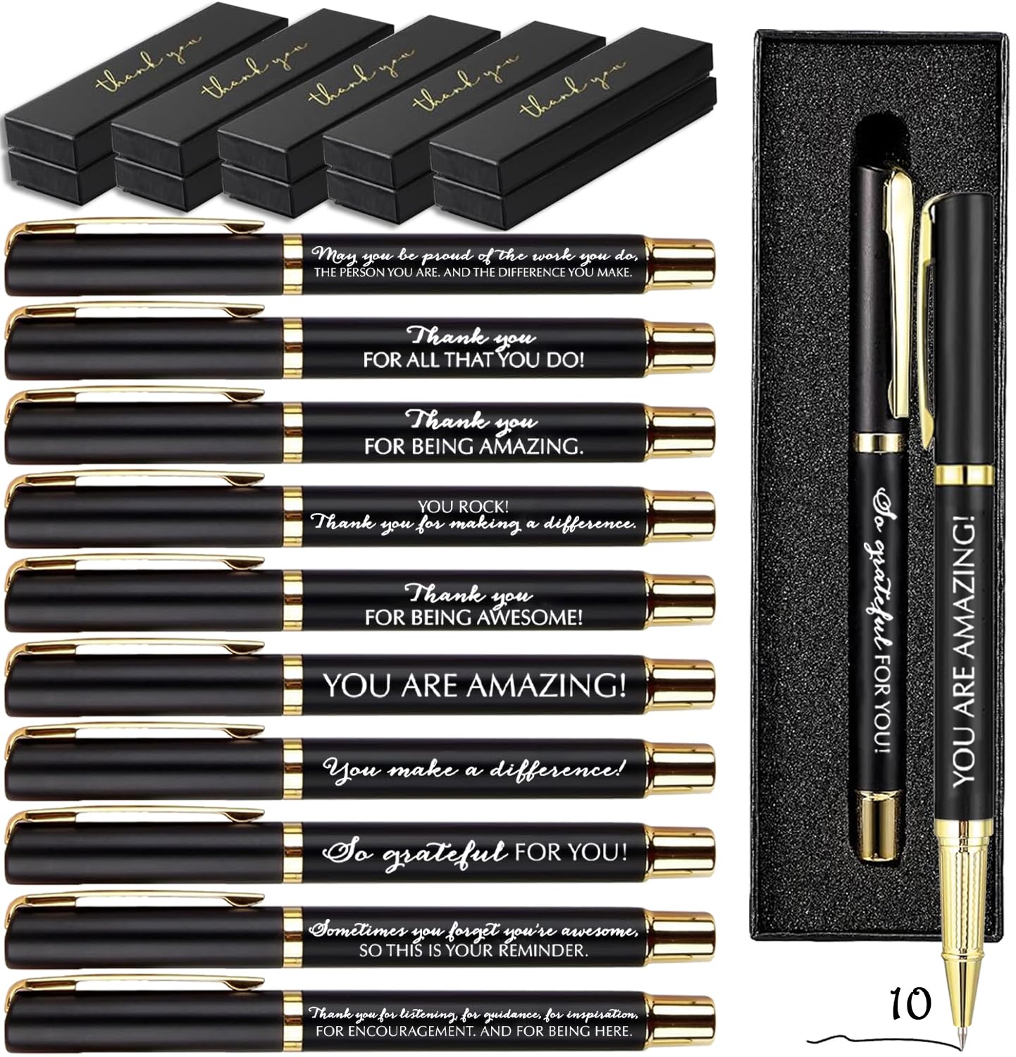 10 Sets Inspirational Thank You Gifts Employee Appreciation Ballpoint Pens with Gift Boxes Motivational Quote Pen Bulk Gifts for Teacher Staff Coworkers Student School Graduation(Black)
