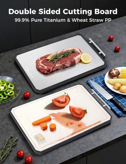 Titanium Cutting Board, Dual Sided Non-Toxic Cutting Boards, Food-Grade Metal and Plastic Chopping Board with Juice Groove for Kitchen Meat/Vegetables, Pure Titanium & Wheat Straw PP 16.3x11 in