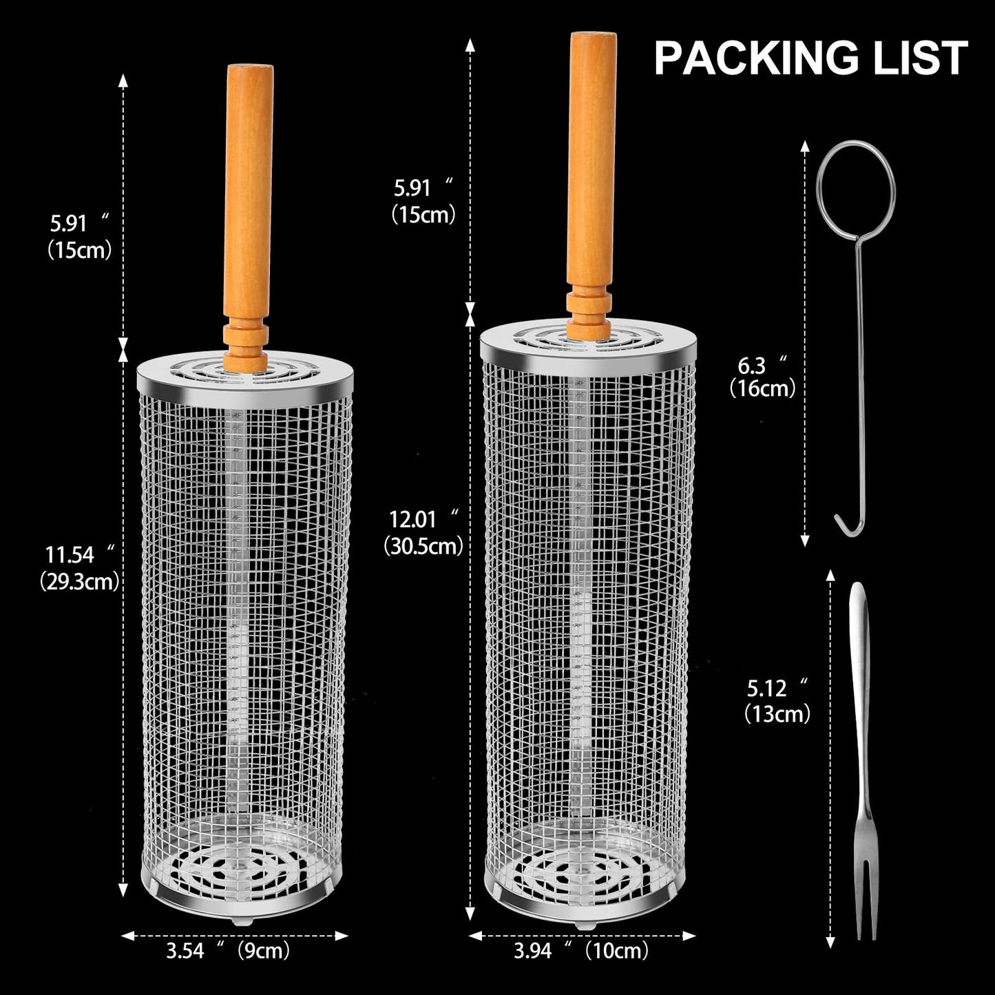 2PCS Nesting Grill Baskets with Removable Wooden Handles(11.8" x 3.9"), 304 Stainless Steel, Rolling Barbecue Grill Mesh for Vegetables and Shrimp, BBQ Accessory Gifts for Men Dad Boyfriend, BBQ Net Tube