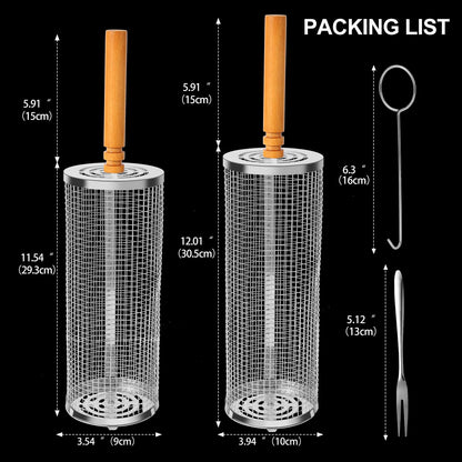 2PCS Nesting Grill Baskets with Removable Wooden Handles(11.8" x 3.9"), 304 Stainless Steel, Rolling Barbecue Grill Mesh for Vegetables and Shrimp, BBQ Accessory Gifts for Men Dad Boyfriend, BBQ Net Tube