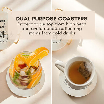 Absorbent Coasters Set of 6 with Holder – Drink Coasters for Coffee Table Decor, Bar Decor, and Home Use – Ceramic Stone Coasters for Drinks, Water-Absorbing Round Coaster Set (Blessed)