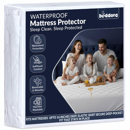 Beddora Waterproof Mattress Protector Queen Size, Breathable Quilted Mattress Cover – Bed Bug Proof Mattress Pad, Soft & Noiseless Fitted Sheet Stretches up to 16 Inches Deep (White)