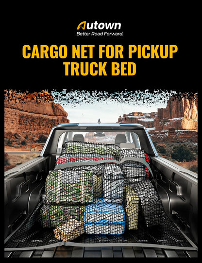 AUTOWN Cargo Net for Pickup Truck Bed - Stretchable 4'x4' to 7'x7', High Elastic Fine Mesh 1''x1'' with 8 Metal Carabiners - Ideal for ATV, SUV, UTV, Truck and Boat Use