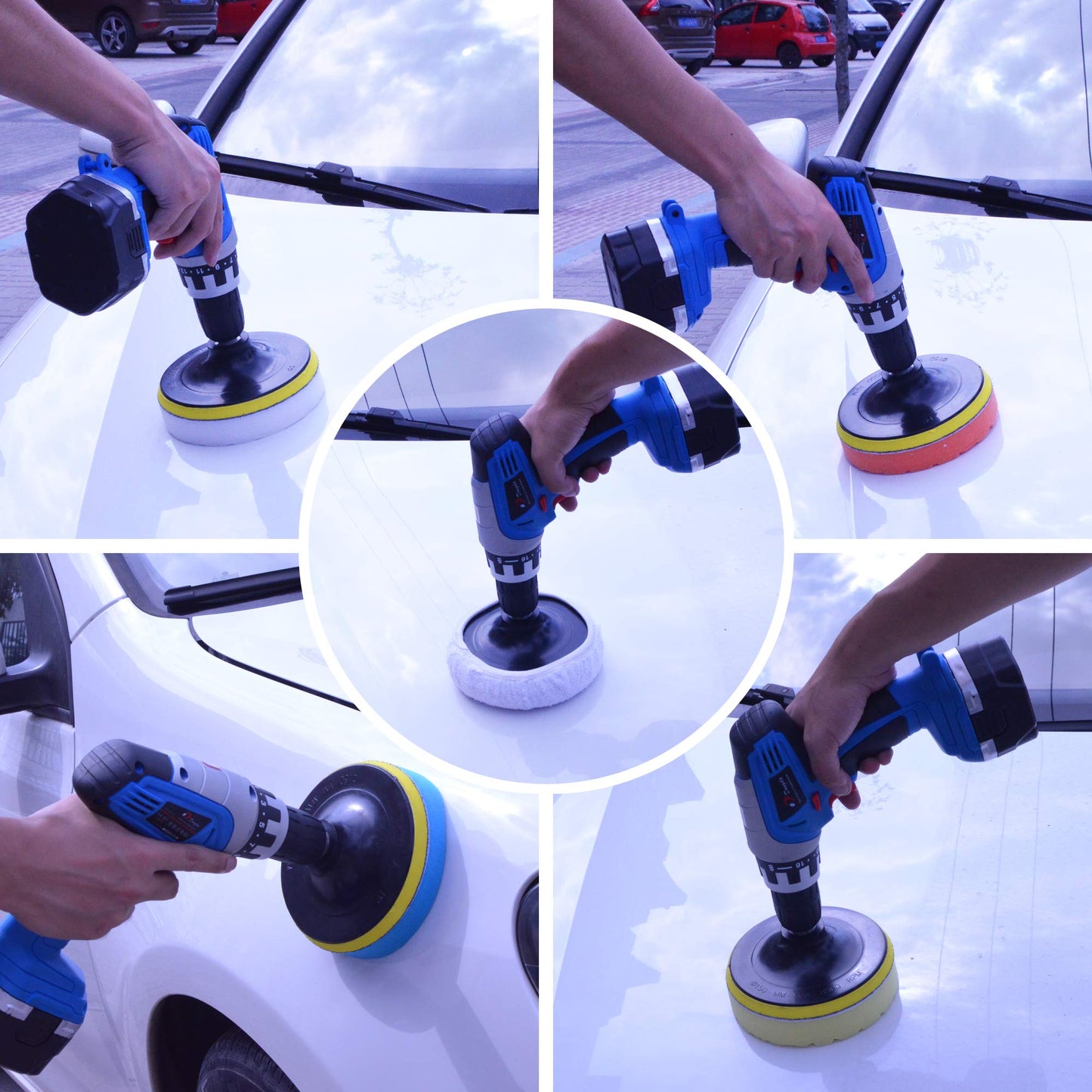 POLIWELL 6 Inch Car Polishing & Buffing Sponge Pads Kit Wool Bonnet Pads for Household Electric Drill and Auto Polisher with 8mm M14 Drill Adapter for Washing Cleaning Waxing Dusting, 11PCS