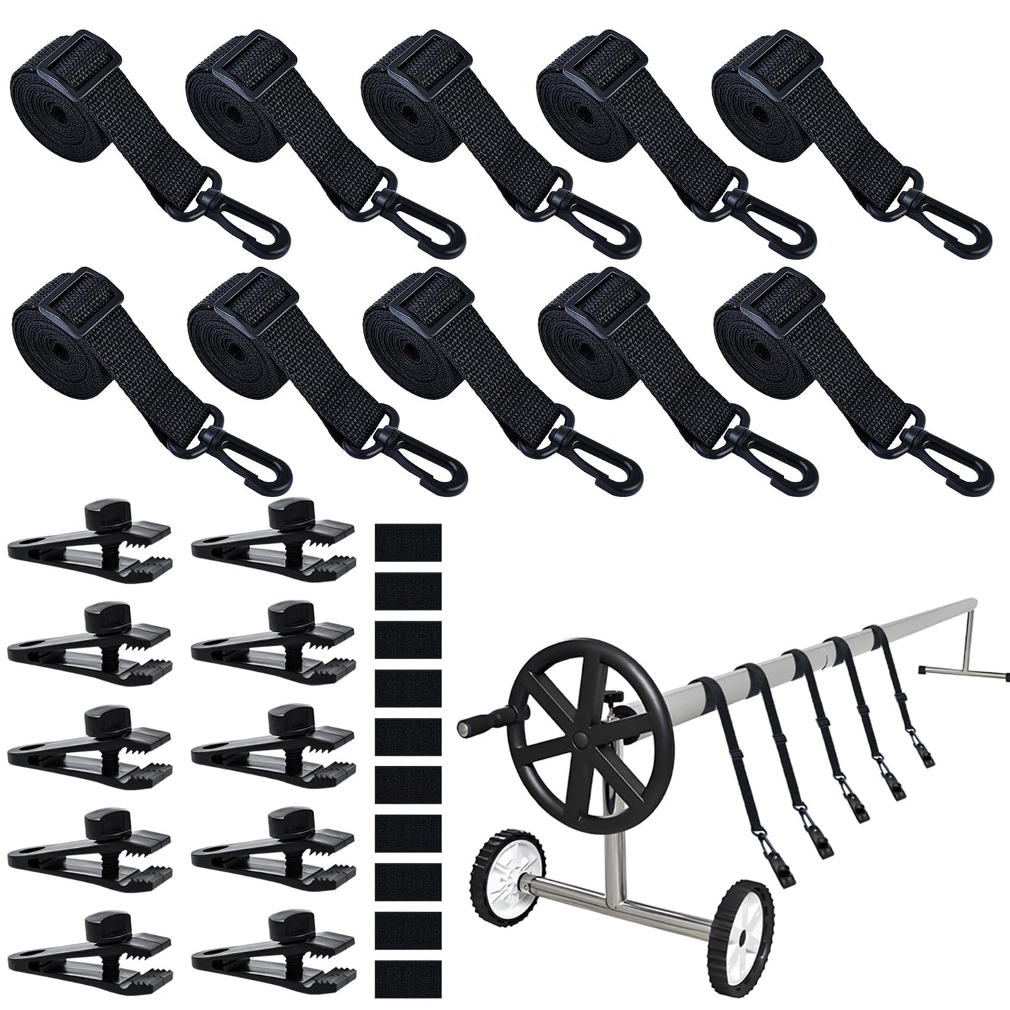 30Pcs Upgraded Adjustable Length Pool Solar Cover Reel Strap Pool Cover Reel Attachment Straps Pool Reel Strap Kit Including 10 Solar Cover Reel Blanket Straps with Hooks,10 Clamps,10 Touch Fastener