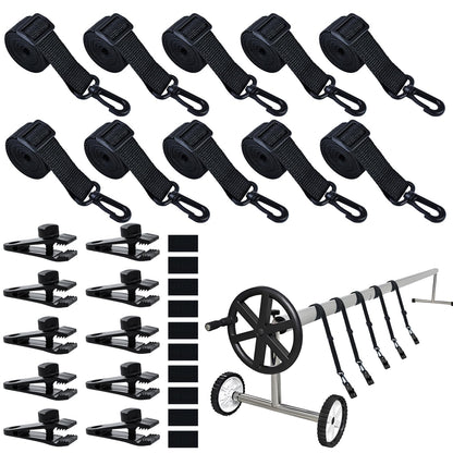 30Pcs Upgraded Adjustable Length Pool Solar Cover Reel Strap Pool Cover Reel Attachment Straps Pool Reel Strap Kit Including 10 Solar Cover Reel Blanket Straps with Hooks,10 Clamps,10 Touch Fastener