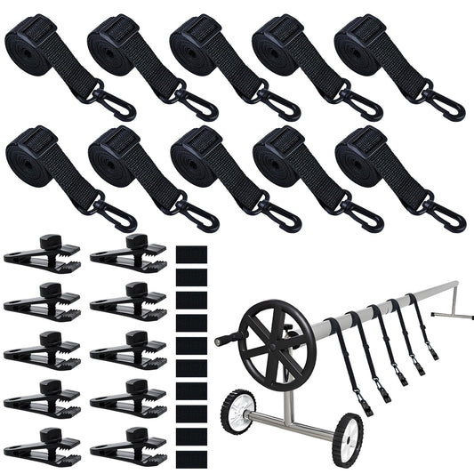 30Pcs Upgraded Adjustable Length Pool Solar Cover Reel Strap Pool Cover Reel Attachment Straps Pool Reel Strap Kit Including 10 Solar Cover Reel Blanket Straps with Hooks,10 Clamps,10 Touch Fastener