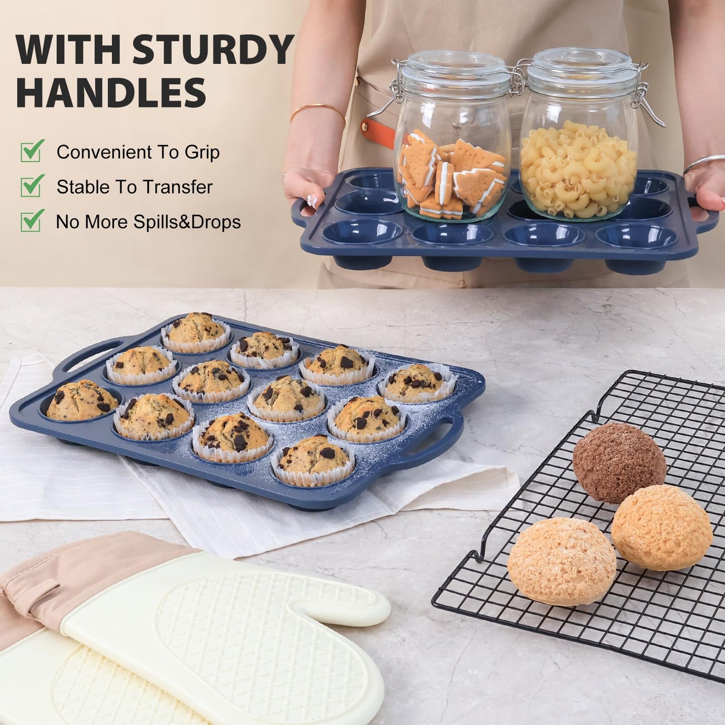 Vnray 2 Pack Silicone Muffin Pan with Metal Frame, Non Stick Silicone Cupcake Pan with Handles Regular 12 Cup, BPA Free Silicon Muffin Tin Tray for Baking, Egg Bites, Cupcake Mold Grey