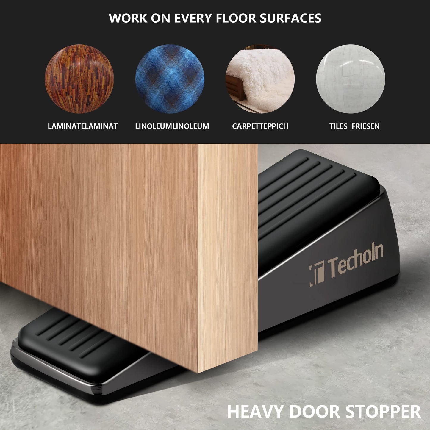 Techoln Door Stoppers, Heavy Duty Door Stop Wedge, Metal Doorstops for All Floor Surfaces (2, Frosted Black)