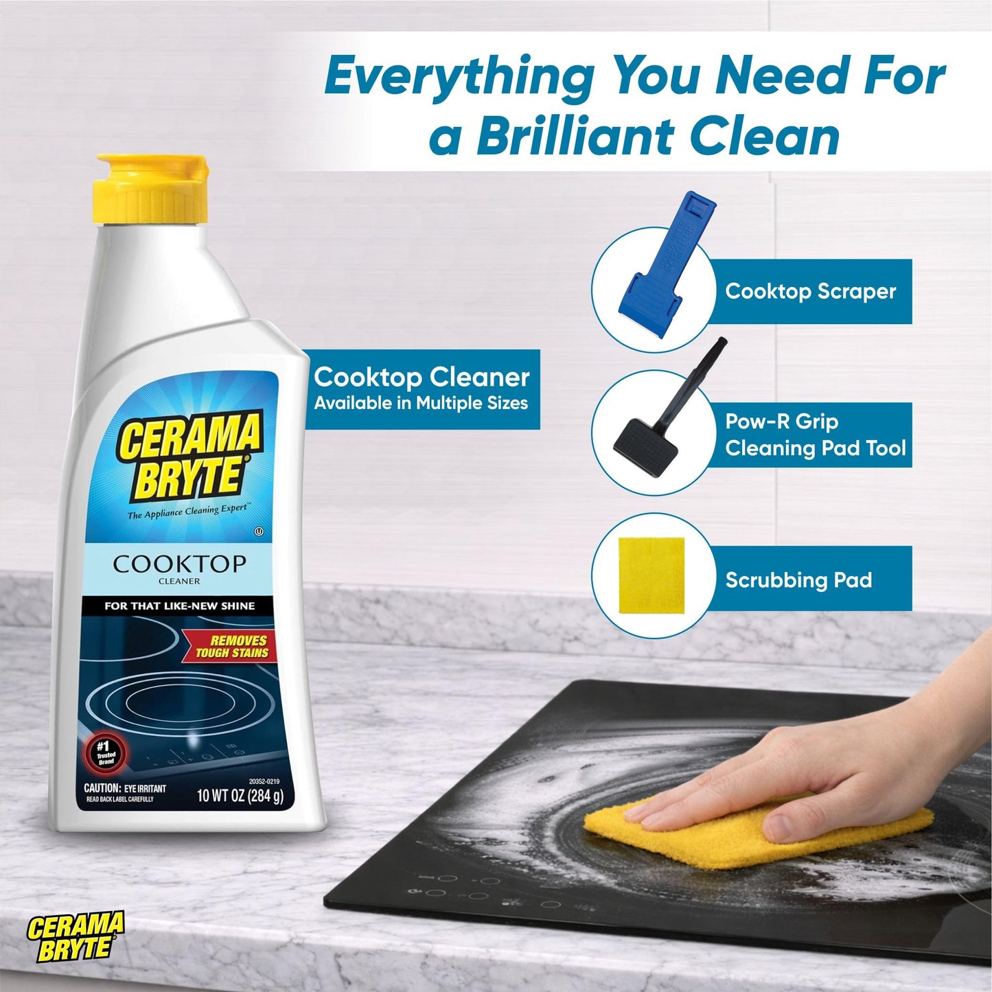 Cerama Bryte - Cooktop Cleaning Kit - Includes 10 oz. Bottle of Cerama Bryte Cooktop Cleaner, 1 Cleaning Pad and 1 Scraper