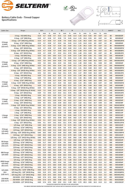 SELTERM 15pcs 1/0 AWG 3/8" Stud UL Marine Grade Battery Terminal Connectors Tinned Copper Battery Cable Lugs 0 Gauge Wire Connectors Electrical Battery Cable Ends Ring Terminals Tinned Copper Lugs