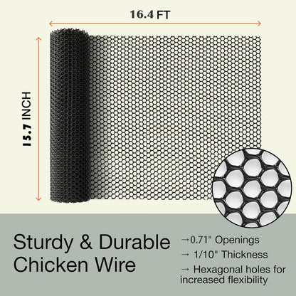 Plastic Chicken Wire Mesh Fence Roll - BEFYUS 15.7IN x 16.4FT Garden Fencing Animal Barrier with Zip Tie，Temporary Use Poultry Wires Netting for Pet,Dogs,Deer Rabbit (Black)