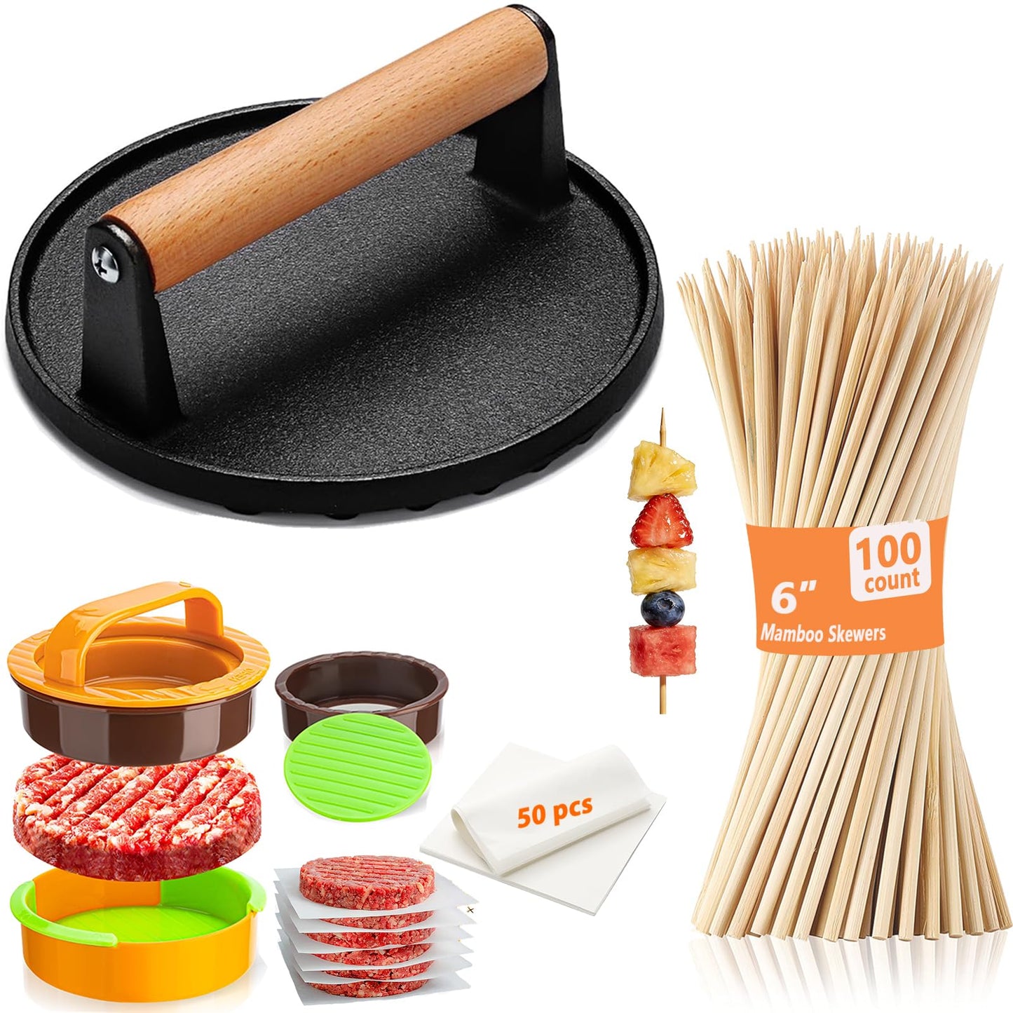 Smash Burger Press kit - 2 lb Heavy Duty Cast Iron Burger Press - 3 in 1 Hamburger Patty Maker Mold - 50 Patty Papers,100 Bamboo Skewers, Round Bacon Press for Blackstone Griddle Accessories