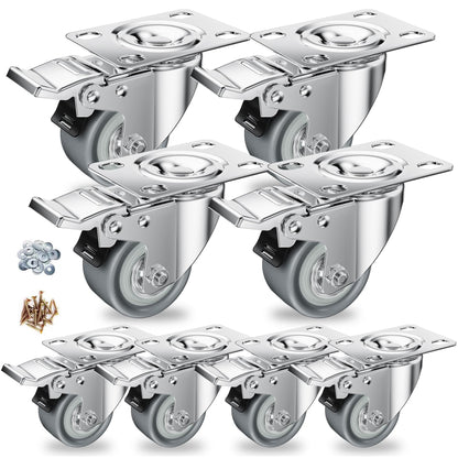 Caster Wheels, 2 inch Casters, Casters Set of 8 Heavy Duty - CLOATFET Locking Caster Wheels, Swivel with Brake (Top Plate), Non Marking Grey TPR Rubber Castor Wheels for Cart Furniture Workbench