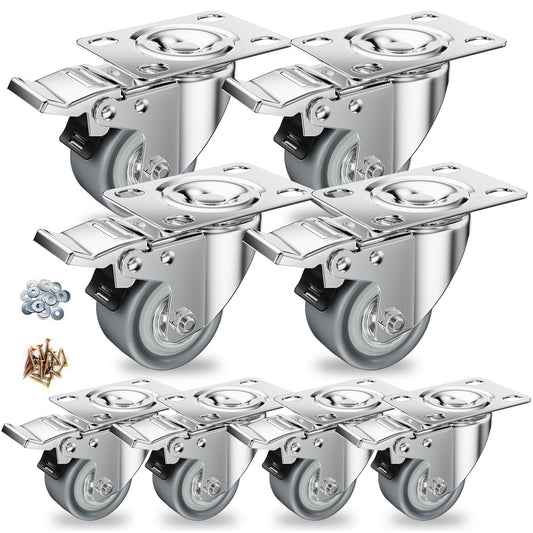 Caster Wheels, 2 inch Casters, Casters Set of 8 Heavy Duty - CLOATFET Locking Caster Wheels, Swivel with Brake (Top Plate), Non Marking Grey TPR Rubber Castor Wheels for Cart Furniture Workbench
