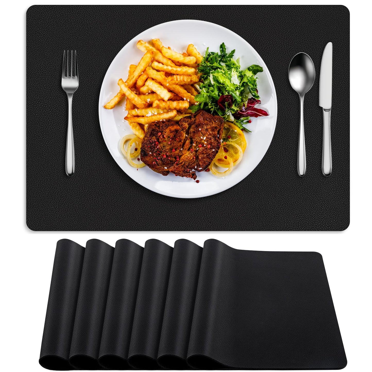 BARTHKIT Placemats Set of 6, Heat Resistant Luxury Leather Placemats Double Layer, Waterproof Table Mats Easy to Clean for Dining Room Kitchen Coffee Office Table, Black