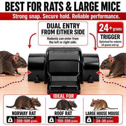 Rat Traps for Big & Large Rats Indoor & Outdoor, Big Mouse | Dual Tunneled Snap Trap | Pet & Kids Safe Design | Prevents Accidental Triggering | Reusable Heavy Duty Rat Trap that Works