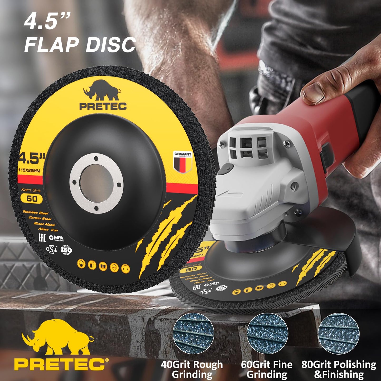 PRETEC Grinding & Cutting Wheels 4 1/2 inch Set, 20 Packs 4.5" Cut Off Wheels, 3 Packs 4.5" Grinding Wheels, 4.5" 40/60/80 Grit Flap Discs for Cutting Grinding Polishing